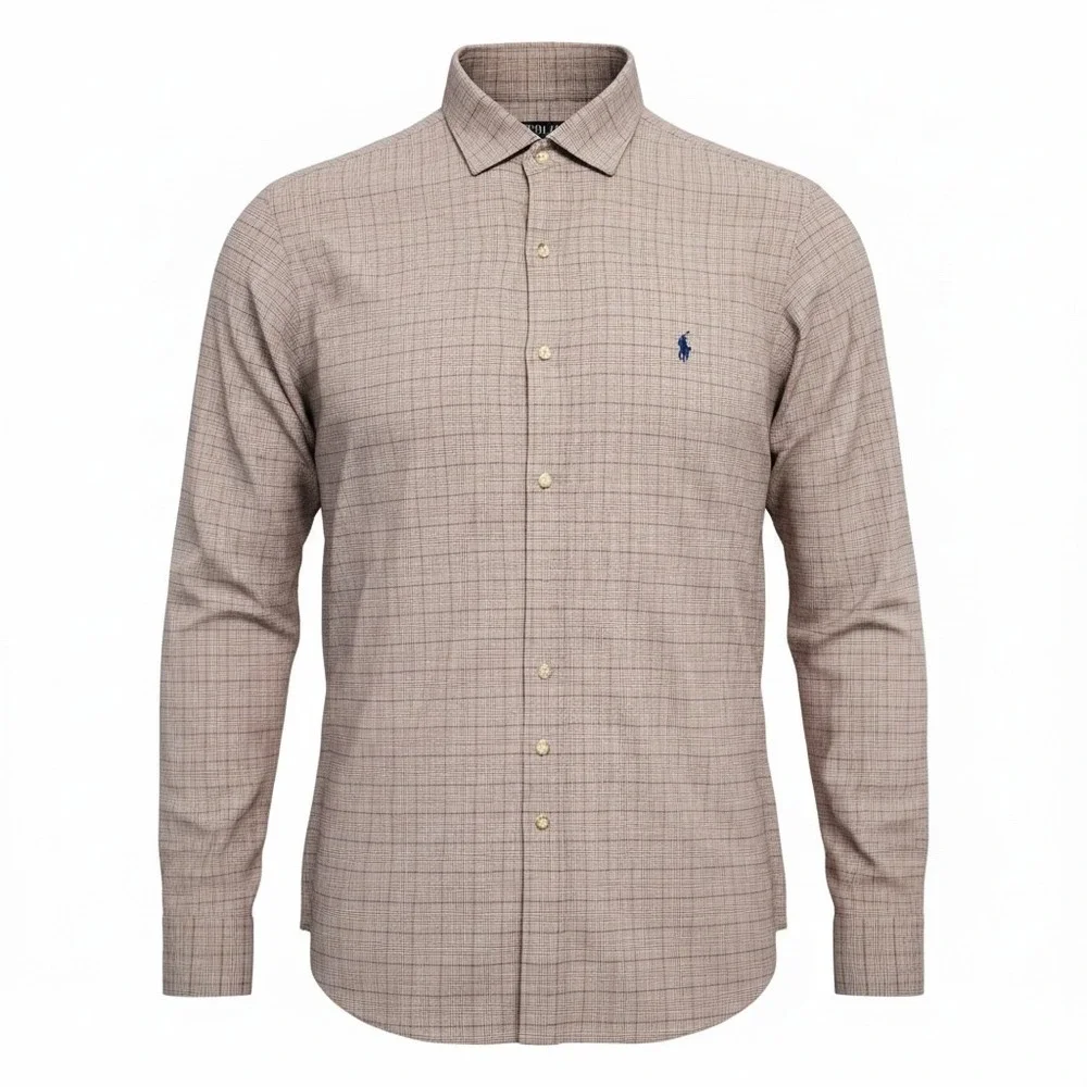 Ralph Lauren Mens Medium Brown Plaid Cotton Button Down Shirt Preppy Neutral